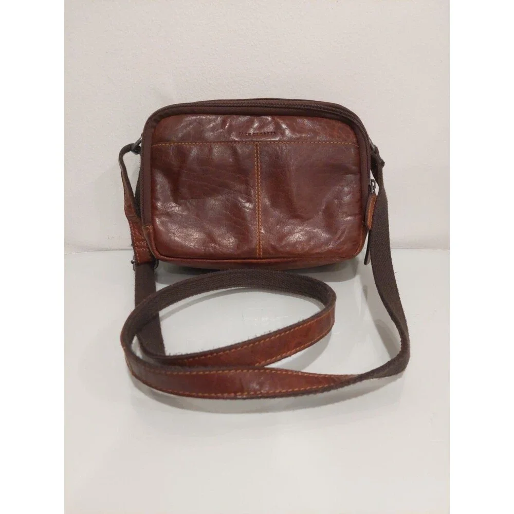 Jack Georges Brown Double Zippered Buffalo Leather Crossbody Bag #7195 EUC